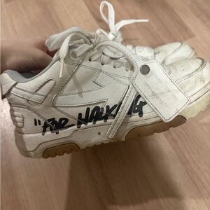 Off-White White Leather Sneaker with Brown Sole and Black Script